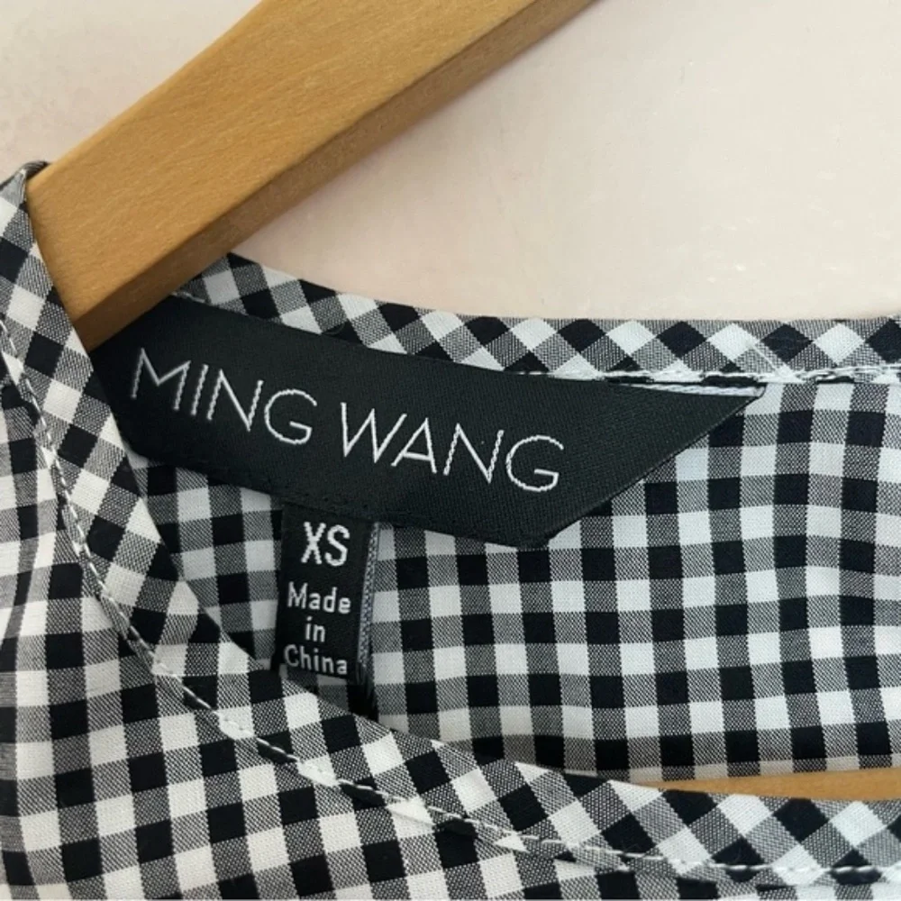 NWT New Ming Wang Black and White Gingham Tie Sleeve Floral Appliqué Hem Blouse - Picture 3 of 4